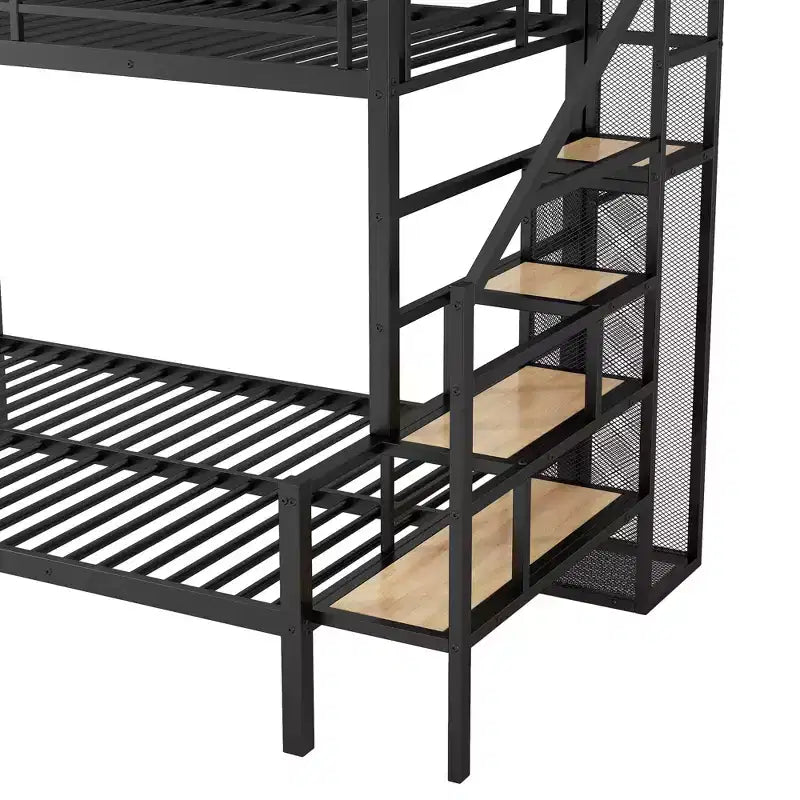 Lit superposé en métal une place et demi avec escalier de rangement, cadre de lit en acier robuste avec armoire ouverte pour enfants, adolescents et adultes, noir