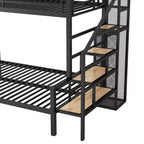 Lit superposé en métal une place et demi avec escalier de rangement, cadre de lit en acier robuste avec armoire ouverte pour enfants, adolescents et adultes, noir