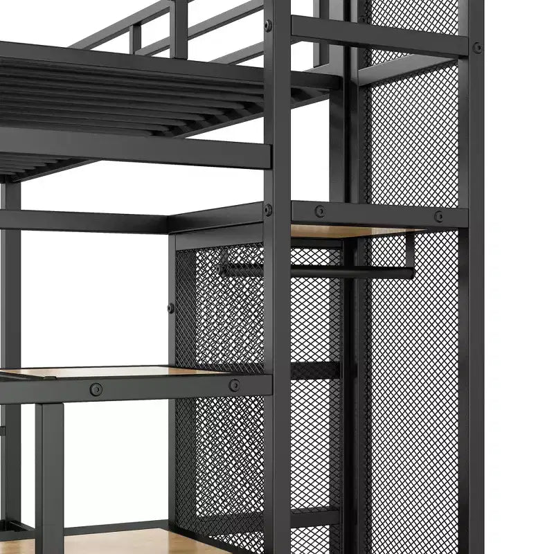 Lit superposé en métal une place et demi avec escalier de rangement, cadre de lit en acier robuste avec armoire ouverte pour enfants, adolescents et adultes, noir