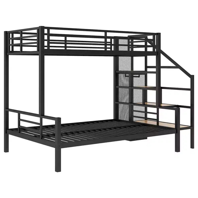 Lit superposé en métal une place et demi avec escalier de rangement, cadre de lit en acier robuste avec armoire ouverte pour enfants, adolescents et adultes, noir
