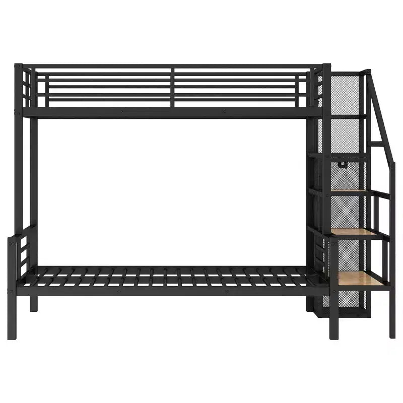 Lit superposé en métal une place et demi avec escalier de rangement, cadre de lit en acier robuste avec armoire ouverte pour enfants, adolescents et adultes, noir