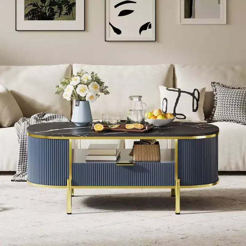 Table basse cannelée moderne COZONY avec tiroir, dessus ovale en faux marbre de 48" et pieds dorés pour salon