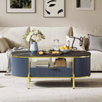 Table basse cannelée moderne COZONY avec tiroir, dessus ovale en faux marbre de 48" et pieds dorés pour salon