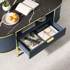 Table basse cannelée moderne COZONY avec tiroir, dessus ovale en faux marbre de 48" et pieds dorés pour salon