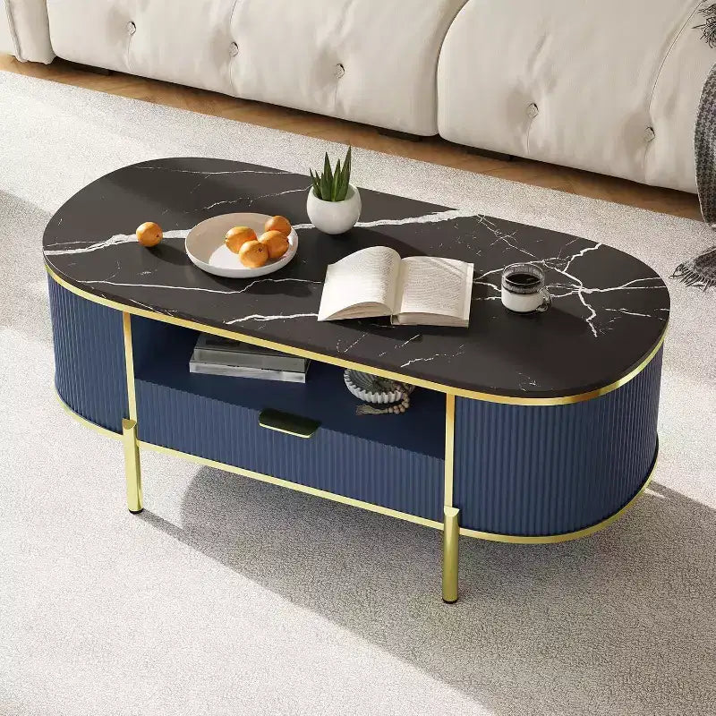 Table basse cannelée moderne COZONY avec tiroir, dessus ovale en faux marbre de 48" et pieds dorés pour salon