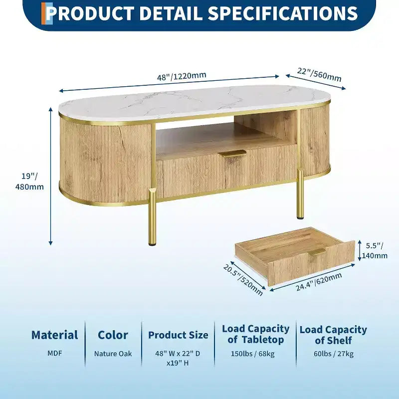 Table basse cannelée moderne COZONY avec tiroir, dessus ovale en faux marbre de 48" et pieds dorés pour salon