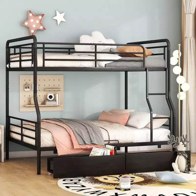 Full XL over Queen Metal Bunk Beds with 2 Drawers, Heavy Duty Bunk Bed Frame for Kids Teens Adults