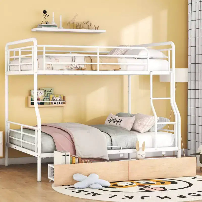 Lits superposés en métal Full XL sur Queen avec 2 tiroirs, cadre de lit superposé robuste pour enfants, adolescents et adultes