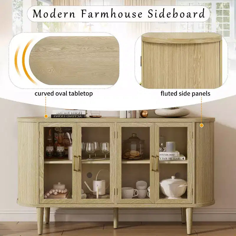 Meuble Buffet de Ferme en Bois avec Portes Vitrées et Étagères Réglables pour Cuisine, Salle à Manger ou Salon