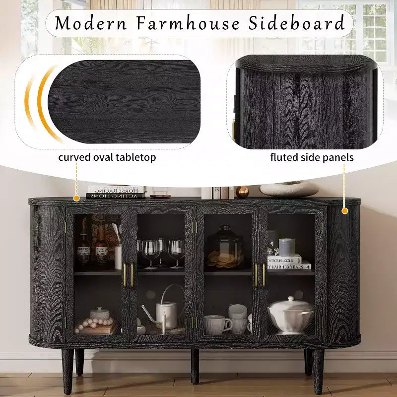 Meuble Buffet de Ferme en Bois avec Portes Vitrées et Étagères Réglables pour Cuisine, Salle à Manger ou Salon