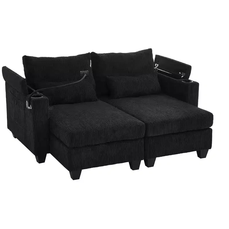 Polibi Causeuse convertible en velours côtelé avec ports USB, porte-gobelets, support de téléphone et rangement pour accoudoir