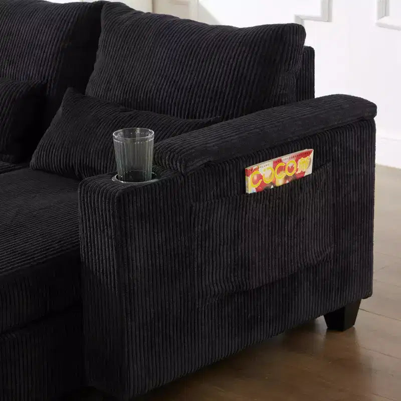 Polibi Causeuse convertible en velours côtelé avec ports USB, porte-gobelets, support de téléphone et rangement pour accoudoir