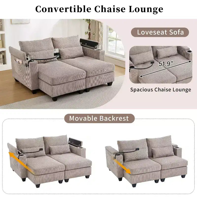 Polibi Causeuse convertible en velours côtelé avec ports USB, porte-gobelets, support de téléphone et rangement pour accoudoir