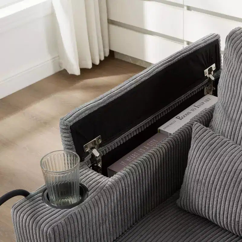 Polibi Causeuse convertible en velours côtelé avec ports USB, porte-gobelets, support de téléphone et rangement pour accoudoir