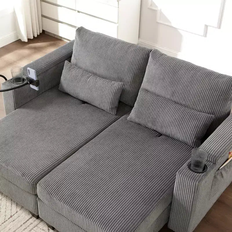 Polibi Causeuse convertible en velours côtelé avec ports USB, porte-gobelets, support de téléphone et rangement pour accoudoir