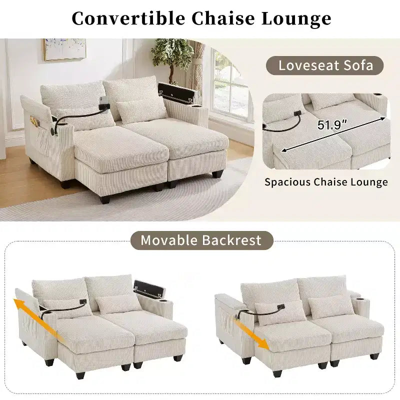 Polibi Causeuse convertible en velours côtelé avec ports USB, porte-gobelets, support de téléphone et rangement pour accoudoir