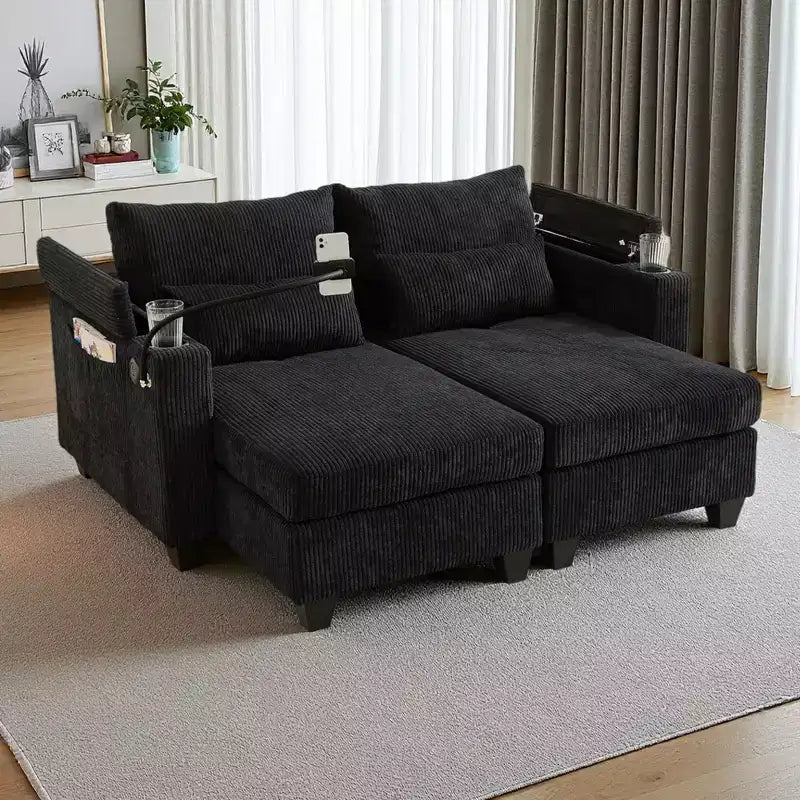 Polibi Causeuse convertible en velours côtelé avec ports USB, porte-gobelets, support de téléphone et rangement pour accoudoir