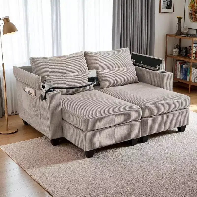 Polibi Causeuse convertible en velours côtelé avec ports USB, porte-gobelets, support de téléphone et rangement pour accoudoir