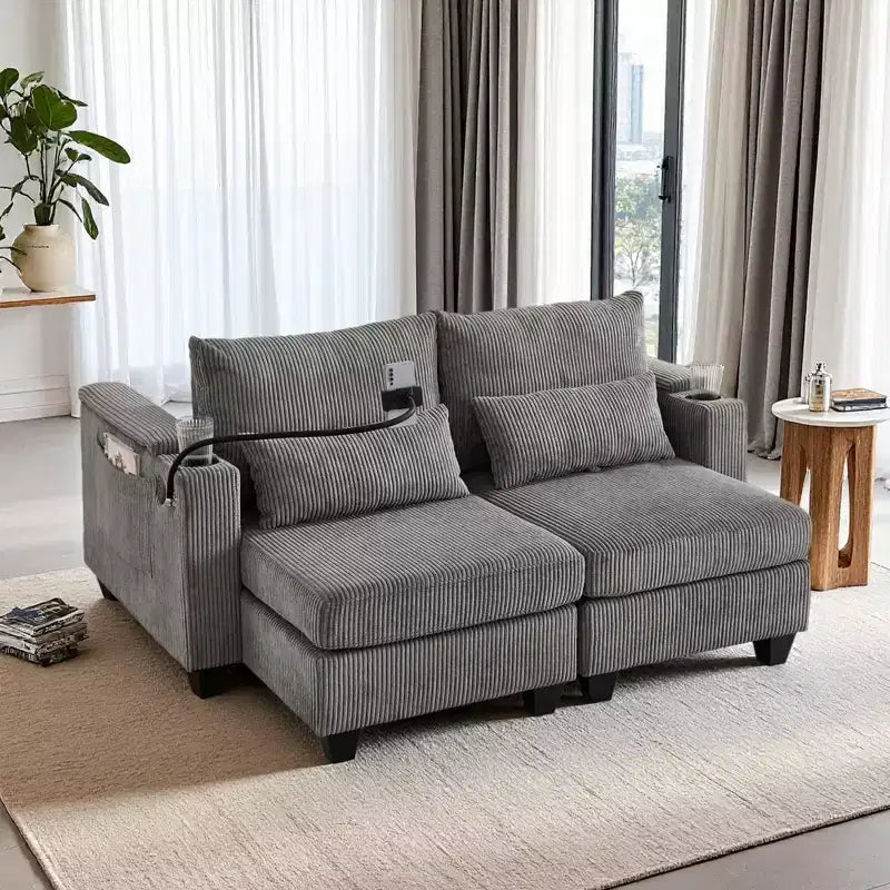 Polibi Causeuse convertible en velours côtelé avec ports USB, porte-gobelets, support de téléphone et rangement pour accoudoir
