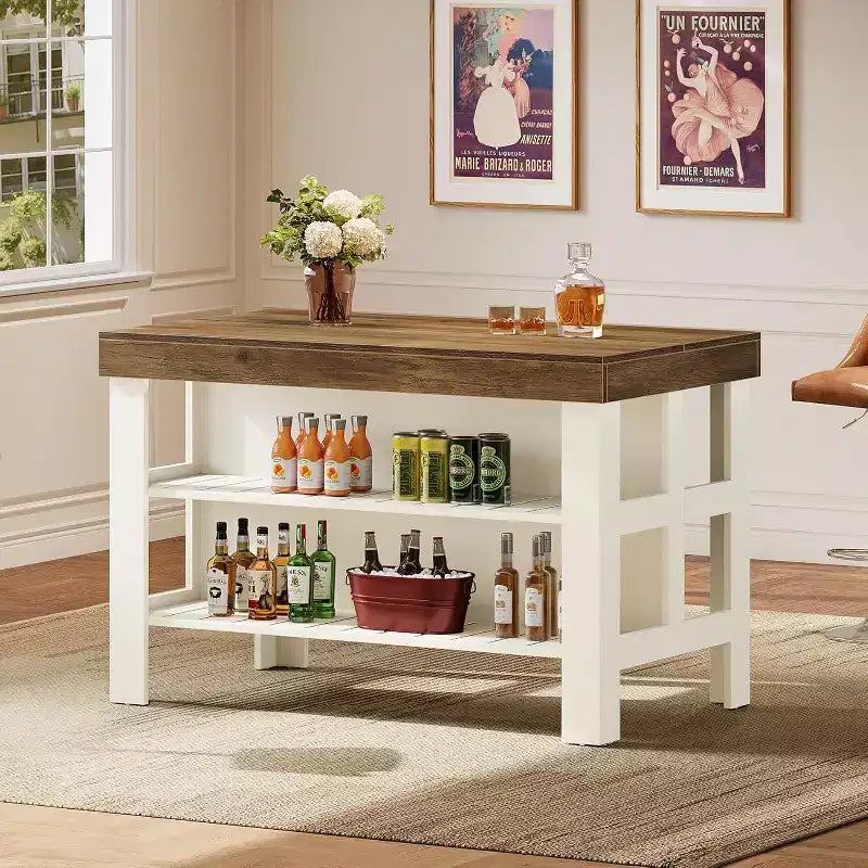 Meuble de bar Lantine avec étagères de rangement, armoire de bar de 140 cm de hauteur de comptoir de style ferme pour cuisine ou salle à manger, marron