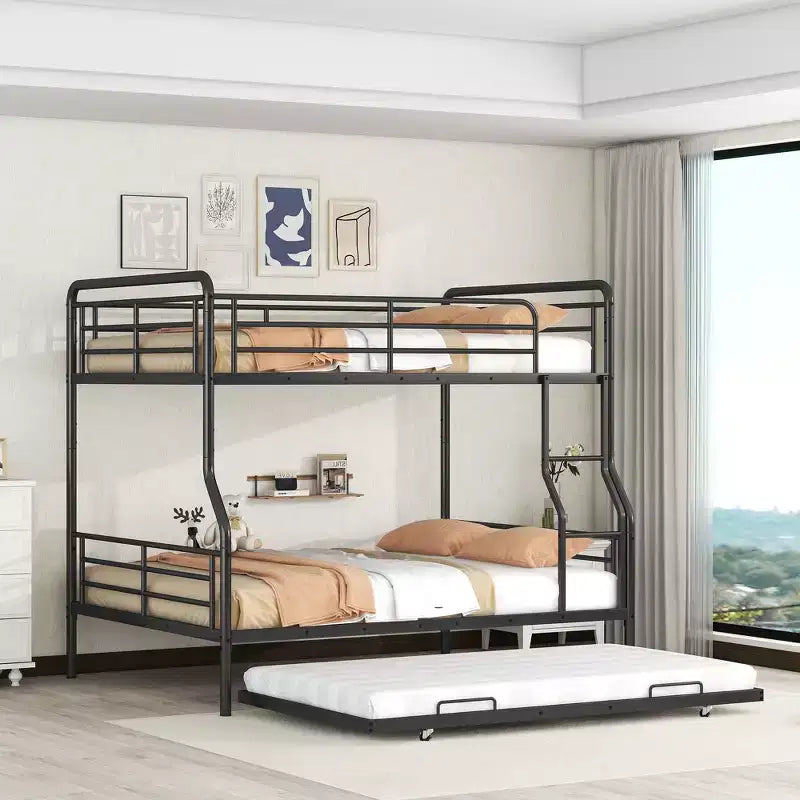 Full XL over Queen Metal Bunk Bed with Trundle, Convertible into 2 Separate Beds, Heavy-Duty Iron Bed Frame for Kids Teens