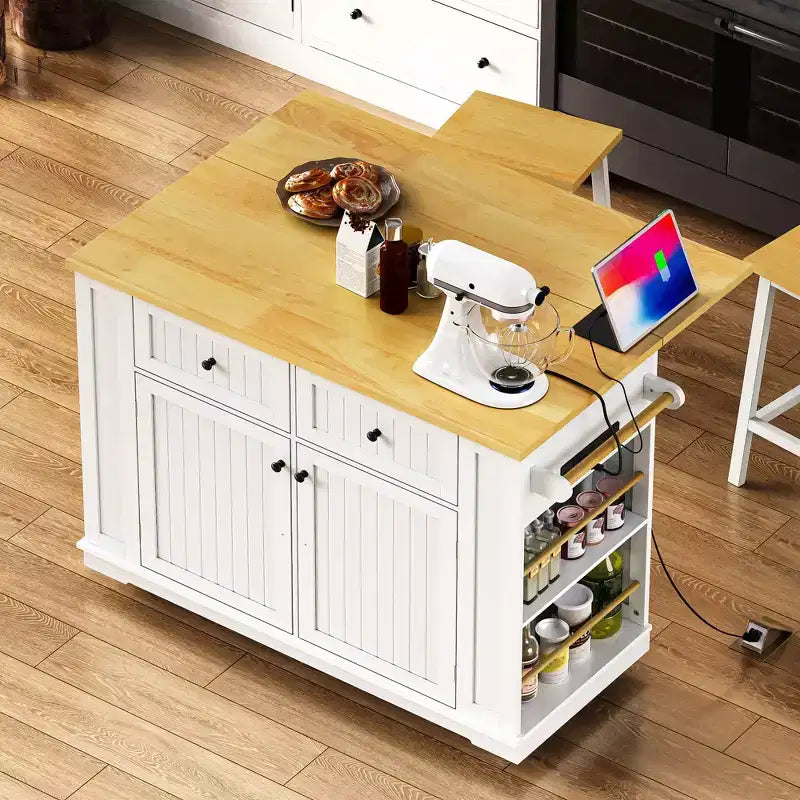 Ensemble îlot de cuisine 48 avec 2 tabourets de bar, abattant, prise de courant, 2 tiroirs, rangement avec porte, 5 étagères latérales, chariot de cuisine roulant