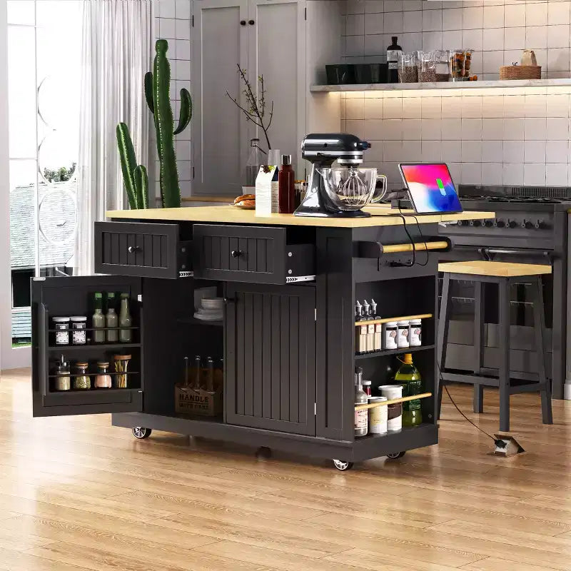 Ensemble îlot de cuisine 48 avec 2 tabourets de bar, abattant, prise de courant, 2 tiroirs, rangement avec porte, 5 étagères latérales, chariot de cuisine roulant