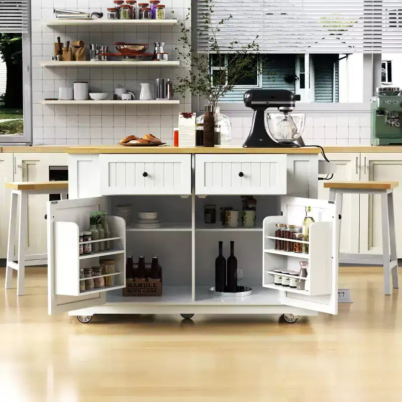 Ensemble îlot de cuisine 48 avec 2 tabourets de bar, abattant, prise de courant, 2 tiroirs, rangement avec porte, 5 étagères latérales, chariot de cuisine roulant