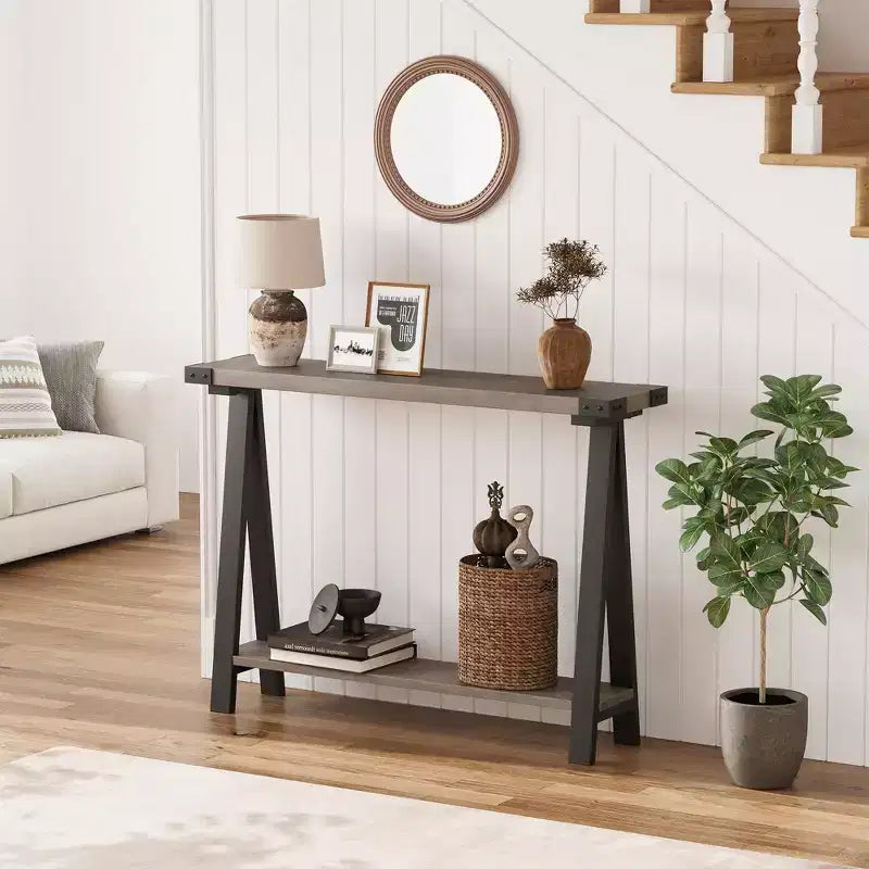 Console de ferme GustoWave avec rangement, table d'entrée étroite à 2 niveaux avec cadre en métal et MDF pour le salon - Rustique