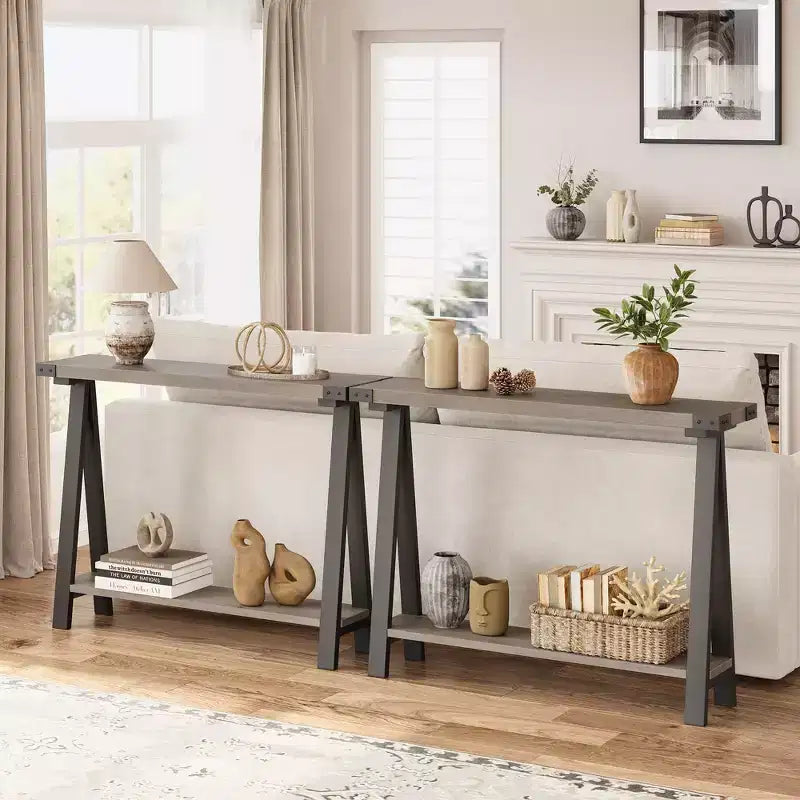 Console de ferme GustoWave avec rangement, table d'entrée étroite à 2 niveaux avec cadre en métal et MDF pour le salon - Rustique