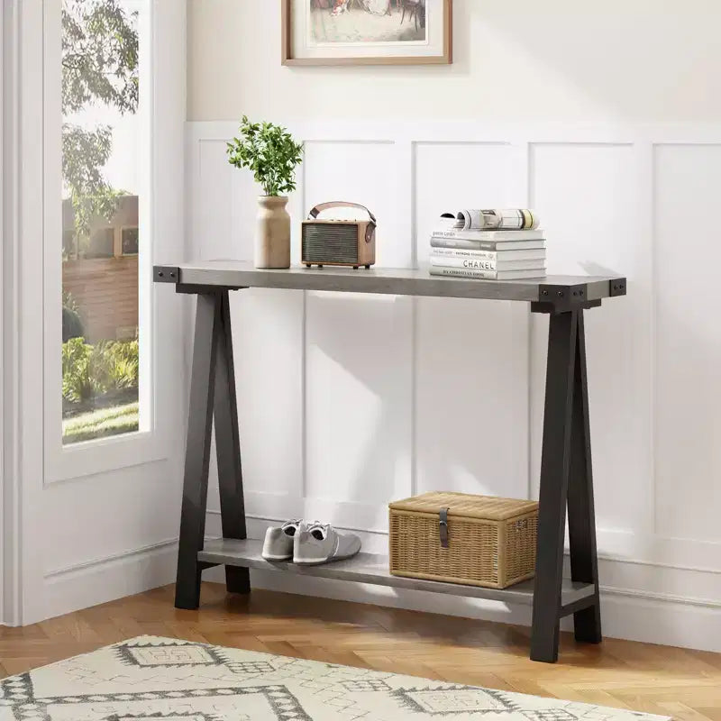 Console de ferme GustoWave avec rangement, table d'entrée étroite à 2 niveaux avec cadre en métal et MDF pour le salon - Rustique
