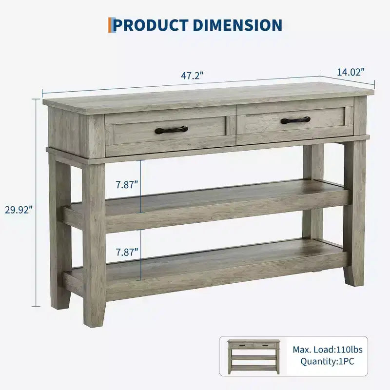 Table d'entrée GustoWave, Console avec 2 tiroirs de rangement, Table de canapé rustique à 3 niveaux, Tables de couloir, Gris rustique