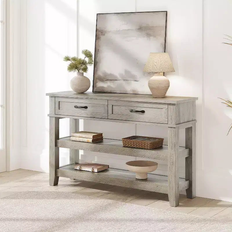 Table d'entrée GustoWave, Console avec 2 tiroirs de rangement, Table de canapé rustique à 3 niveaux, Tables de couloir, Gris rustique