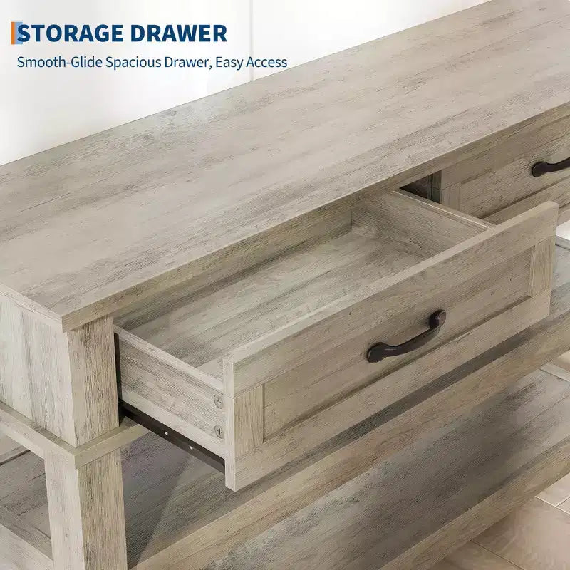 Table d'entrée GustoWave, Console avec 2 tiroirs de rangement, Table de canapé rustique à 3 niveaux, Tables de couloir, Gris rustique