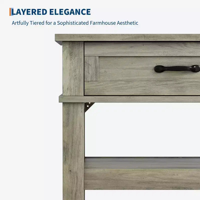 Table d'entrée GustoWave, Console avec 2 tiroirs de rangement, Table de canapé rustique à 3 niveaux, Tables de couloir, Gris rustique
