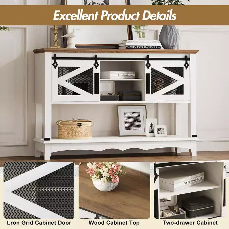 GustoWave Table console de ferme de 118 cm avec portes coulissantes et armoire de rangement - Table d'entrée, Table de canapé pour salon, Blanche