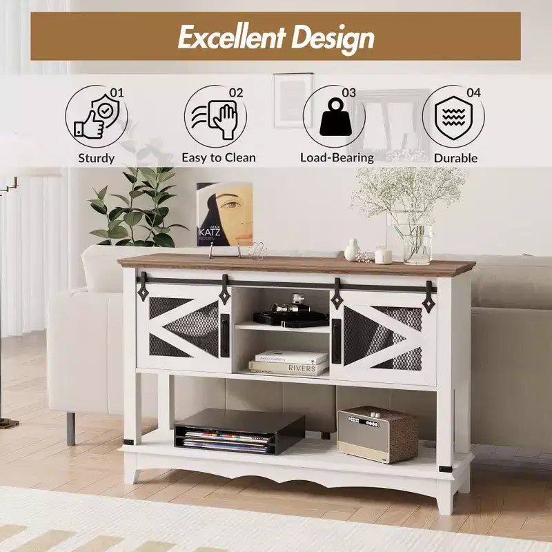 GustoWave Table console de ferme de 118 cm avec portes coulissantes et armoire de rangement - Table d'entrée, Table de canapé pour salon, Blanche