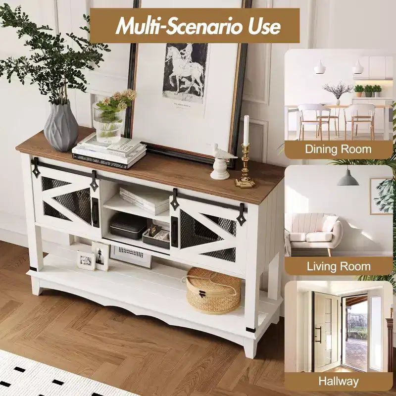 GustoWave Table console de ferme de 118 cm avec portes coulissantes et armoire de rangement - Table d'entrée, Table de canapé pour salon, Blanche