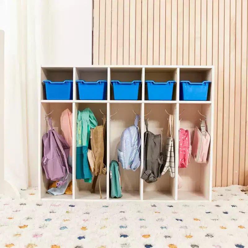 Vestiaire à 5 compartiments pour tout-petits et 5 bacs de rangement avant à écope ECR4Kids Streamline, Rangement à casiers