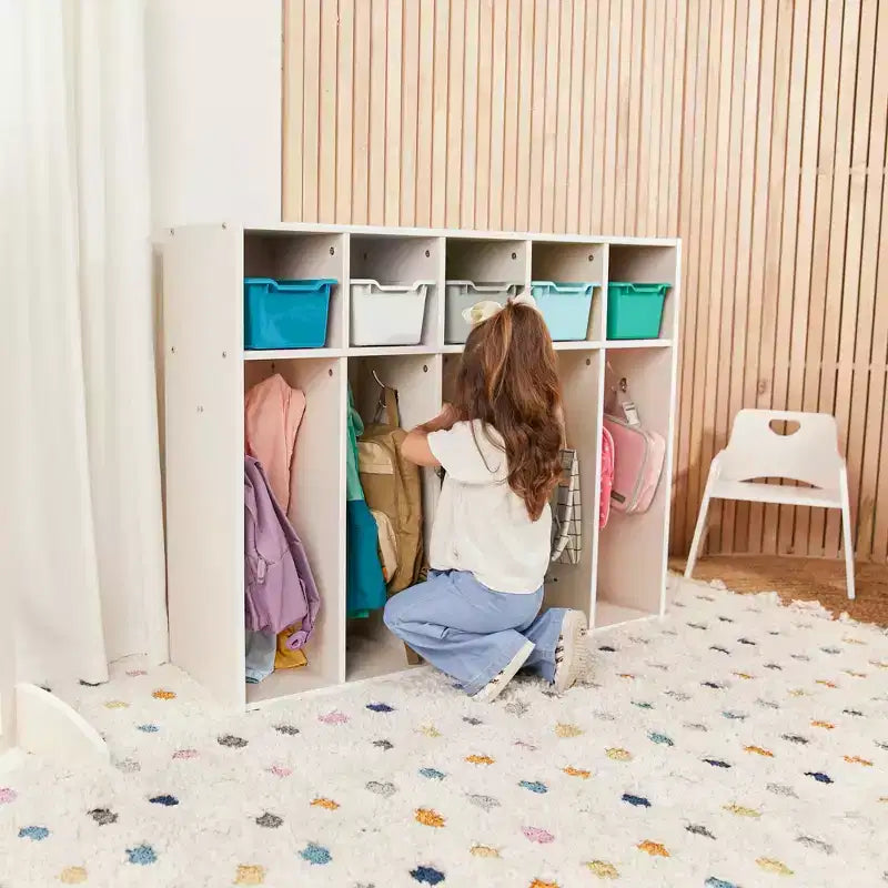 Vestiaire à 5 compartiments pour tout-petits et 5 bacs de rangement avant à écope ECR4Kids Streamline, Rangement à casiers
