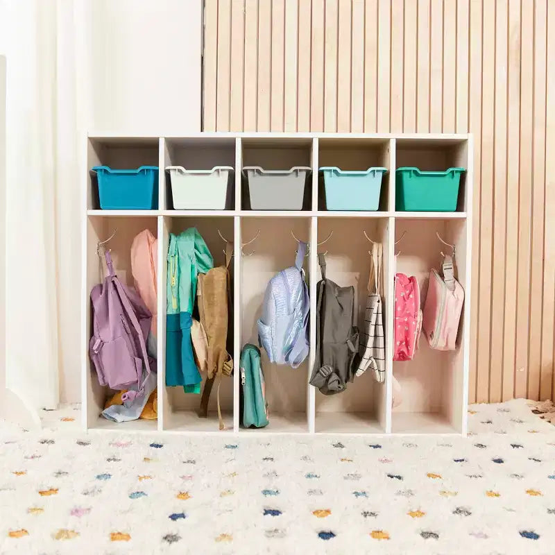 Vestiaire à 5 compartiments pour tout-petits et 5 bacs de rangement avant à écope ECR4Kids Streamline, Rangement à casiers