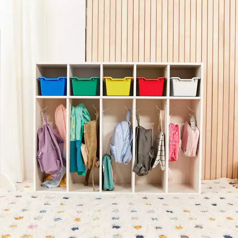 Vestiaire à 5 compartiments pour tout-petits et 5 bacs de rangement avant à écope ECR4Kids Streamline, Rangement à casiers