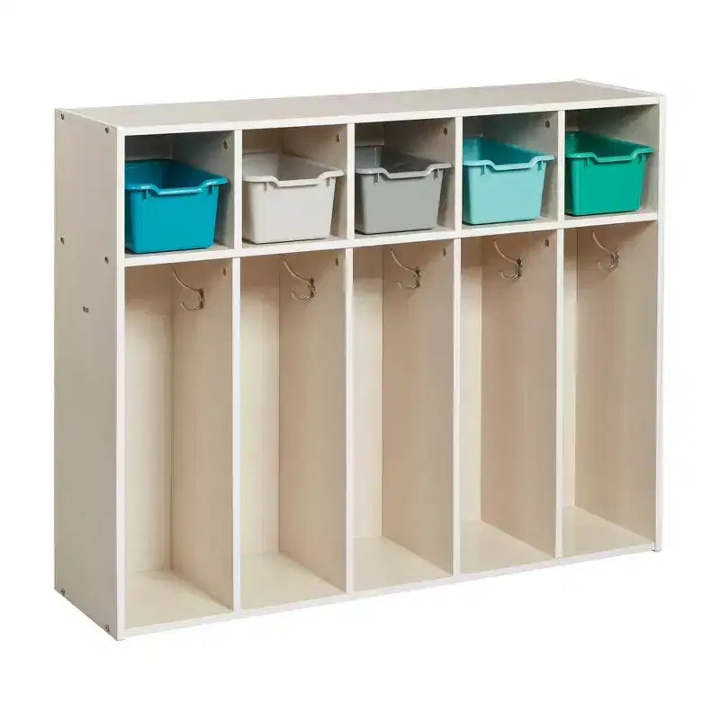 Vestiaire à 5 compartiments pour tout-petits et 5 bacs de rangement avant à écope ECR4Kids Streamline, Rangement à casiers