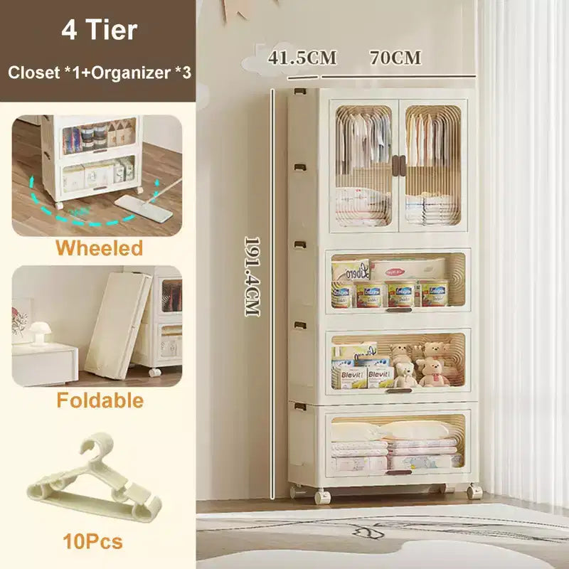 GustoWave Armoire penderie 4 niveaux pour enfants - Armoire portable pour enfants avec portes et roulettes - Organiseur de vêtements de bébé pliable avec tringle à suspendre et 10 cintres