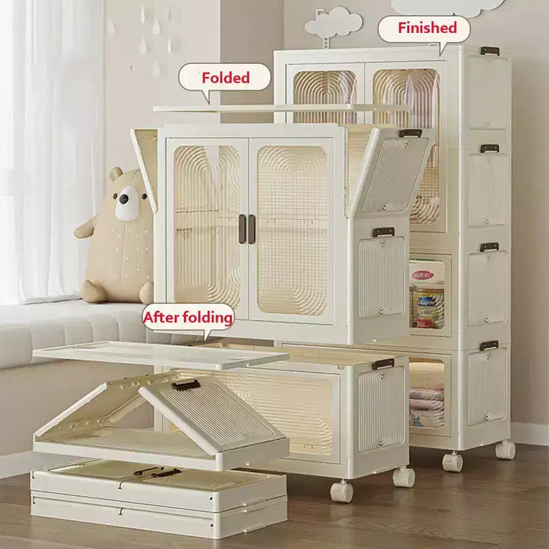 GustoWave Armoire penderie 4 niveaux pour enfants - Armoire portable pour enfants avec portes et roulettes - Organiseur de vêtements de bébé pliable avec tringle à suspendre et 10 cintres