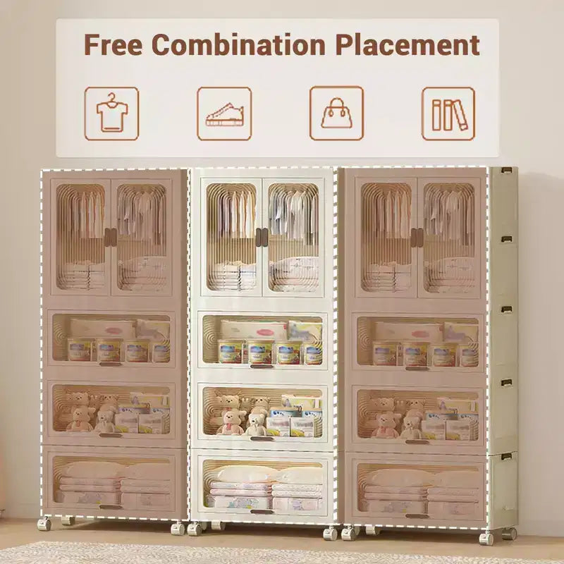 GustoWave Armoire penderie 4 niveaux pour enfants - Armoire portable pour enfants avec portes et roulettes - Organiseur de vêtements de bébé pliable avec tringle à suspendre et 10 cintres