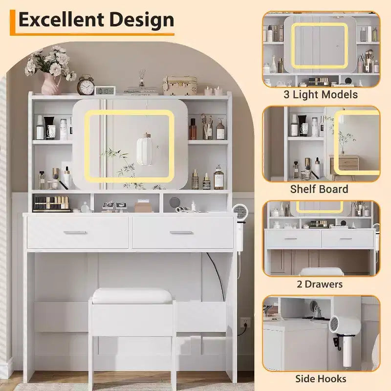 COZONY Coiffeuse avec miroir lumineux et tabouret, table de maquillage coulissante avec étagères de rangement et tiroirs