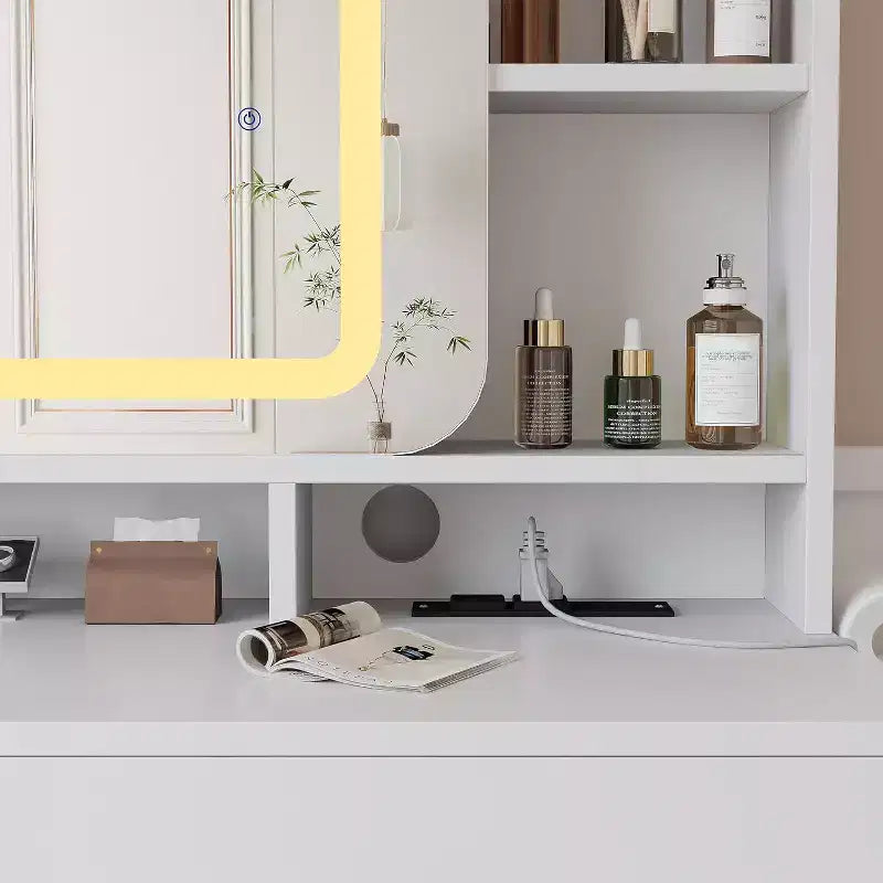 COZONY Coiffeuse avec miroir lumineux et tabouret, table de maquillage coulissante avec étagères de rangement et tiroirs