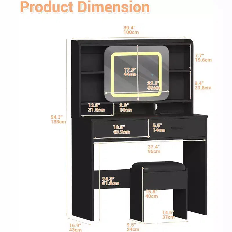 COZONY Coiffeuse avec miroir lumineux et tabouret, table de maquillage coulissante avec étagères de rangement et tiroirs
