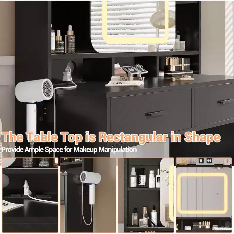 COZONY Coiffeuse avec miroir lumineux et tabouret, table de maquillage coulissante avec étagères de rangement et tiroirs